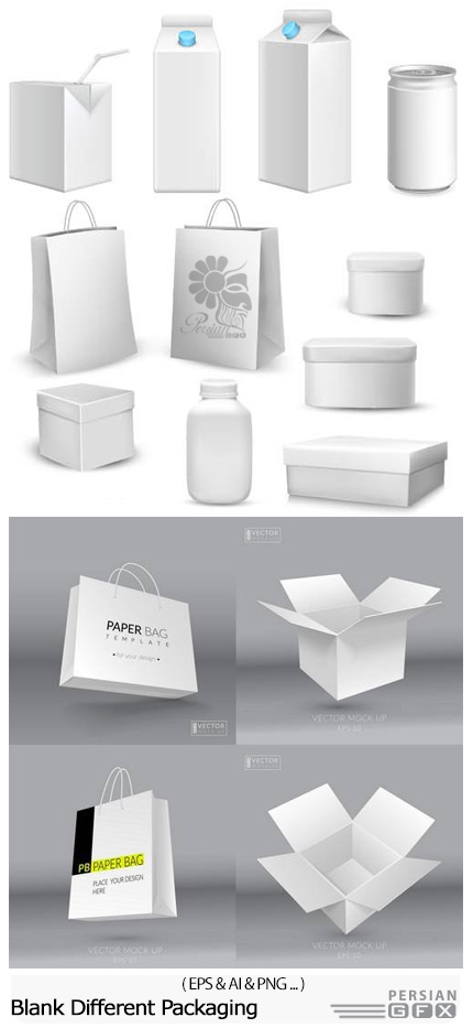 دانلود تصاویر وکتور بسته بندی کاغذی محصولات، جعبه پیتزا، دستمال، نوشابه و ... - Blank Different Packaging And Realistic Paper Bag