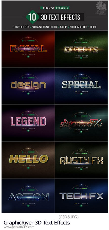 دانلود 10 تصویر لایه باز افکت های متنوع سه بعدی متن از گرافیک ریور - GraphicRiver 3D Text Effects