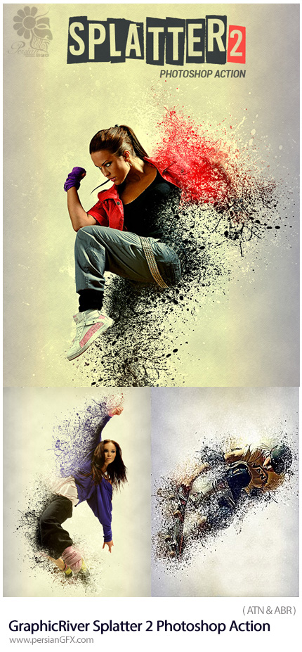 دانلود اکشن فتوشاپ ایجاد افکت پراکندگی ذرات مایع بر روی تصاویر از گرافیک ریور - GraphicRiver Splatter 2 Photoshop Action