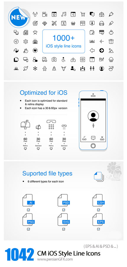 دانلود 1402 تصویر وکتور آیکون های خطی iOS - CM 1042 iOS Style Line Icons