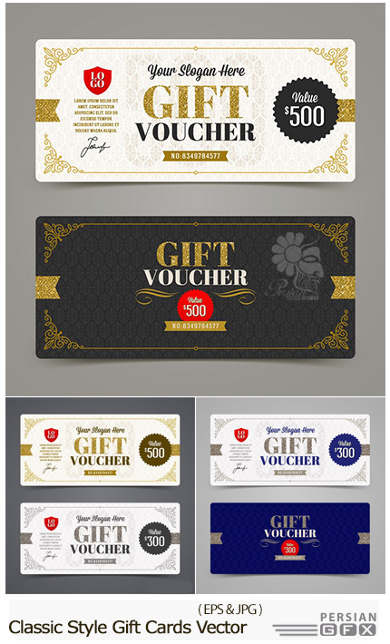 دانلود تصاویر وکتور کارت هدیه فانتزی - Classic Style Gift Cards Vector