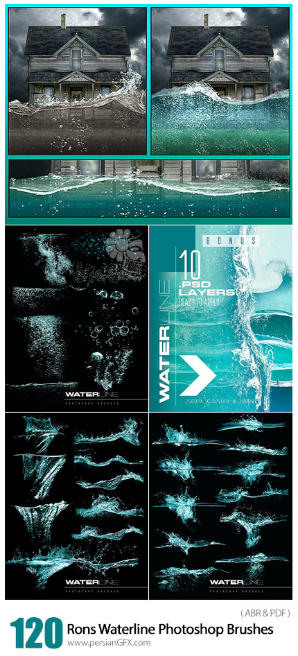 دانلود براش فتوشاپ مسیر آب و حباب های در آب - Rons Waterline Photoshop Brushes