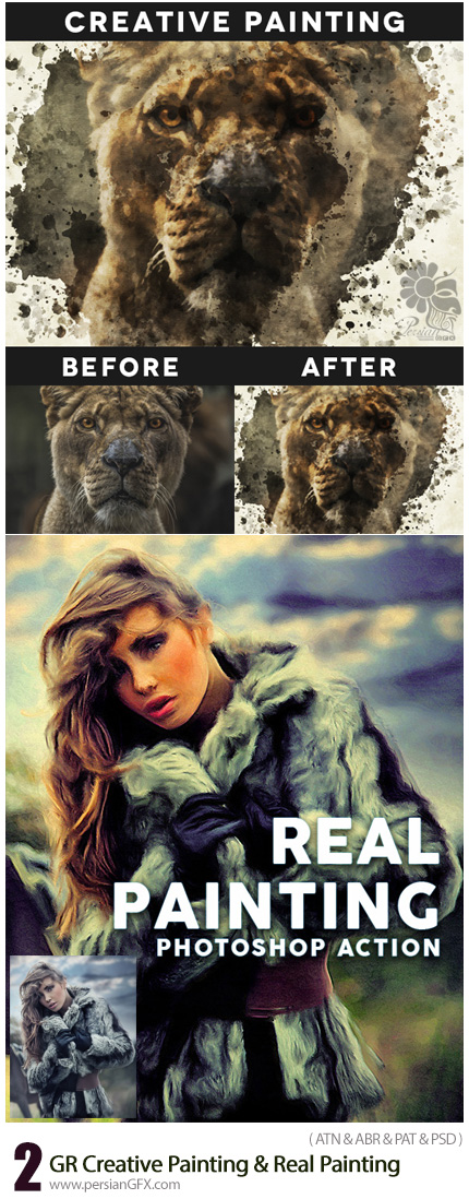 دانلود 2 اکشن فتوشاپ ایجاد افکت نقاشی واقعی و خلاقانه بر روی تصاویر از گرافیک ریور - GraphicRiver Creative Painting And Real Painting Photoshop Action