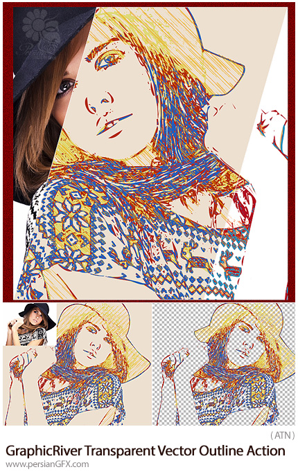دانلود اکشن فتوشاپ تبدیل تصاویر به وکتور خطی با پس زمینه شفاف از گرافیک ریور - GraphicRiver Transparent Vector Outline Action