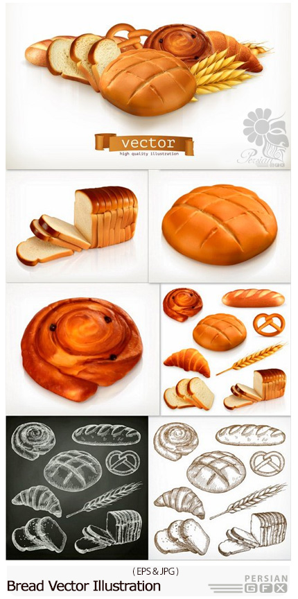 دانلود تصاویر وکتور نان فانتزی، نان باگت، نان تست و ... - Bread Vector Illustration