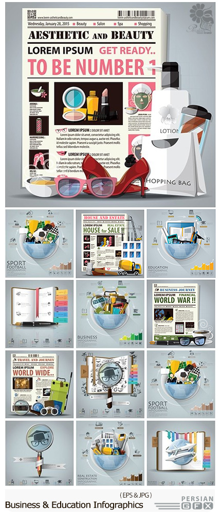 دانلود تصاویر وکتور نمودارهای اینفوگرافیکی تجاری و آموزشی - Business And Education Infographics
