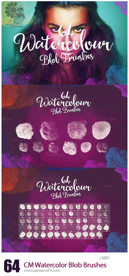 دانلود 64 براش فتوشاپ حباب های آبرنگی - CM 64 Watercolor Blob Brushes By Layerform
