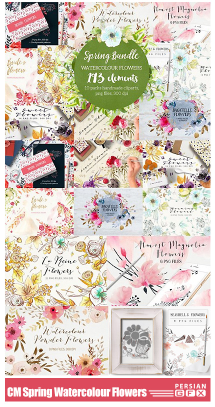 دانلود مجموعه تصاویر کلیپ آرت عناصر طراحی و پترن گل و بوته آبرنگی - CM Spring Bundle Watercolour Flowers