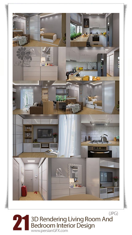 دانلود تصاویر با کیفیت طراحی داخلی سه بعدی اتاق خواب، پذیرایی و آشپزخانه - 3D Rendering Living Room And Bedroom Interior Design