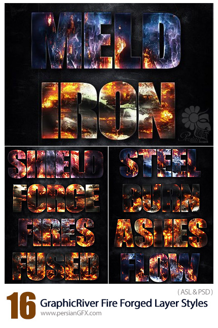دانلود 16 تصویر لایه باز استایل با افکت آتش، گدازه آتش، سوخته از گرافیک ریور - GraphicRiver Fire Forged Layer Styles
