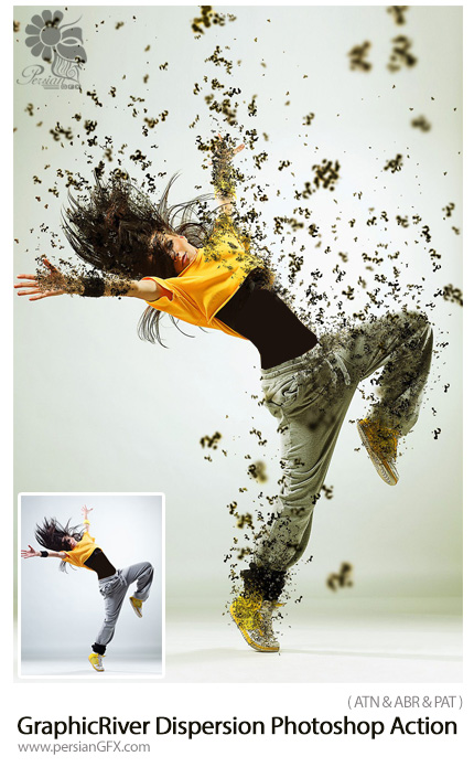 دانلود اکشن فتوشاپ ایجاد افکت پراکندگی ذرات بر روی تصاویر از گرافیک ریور - GraphicRiver Dispersion Photoshop Action