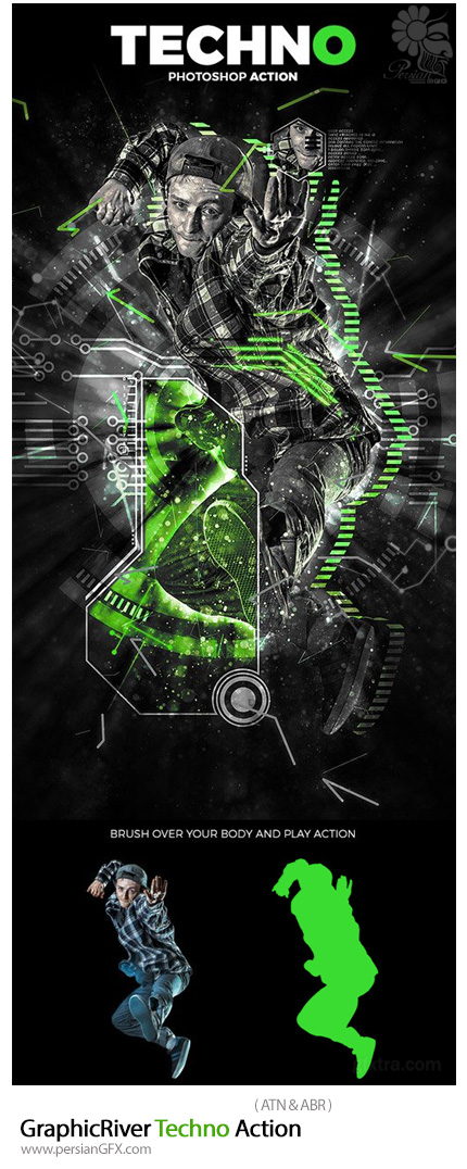 دانلود اکشن فتوشاپ ایجاد افکت تکنو بر روی تصاویر از گرافیک ریور - GraphicRiver Techno Action