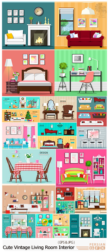 دانلود تصاویر وکتور کارتونی طراحی داخلی سالن پذیرایی، اتاق خواب، اتاق کار و ... - Cute Vintage Living Room Interior