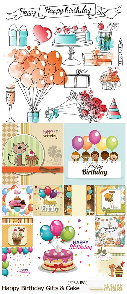 دانلود مجموعه تصاویر وکتور عناصر طراحی تولد، هدیه تولد، کیک تولد و ... - Happy Birthday Gifts And Cake Collection
