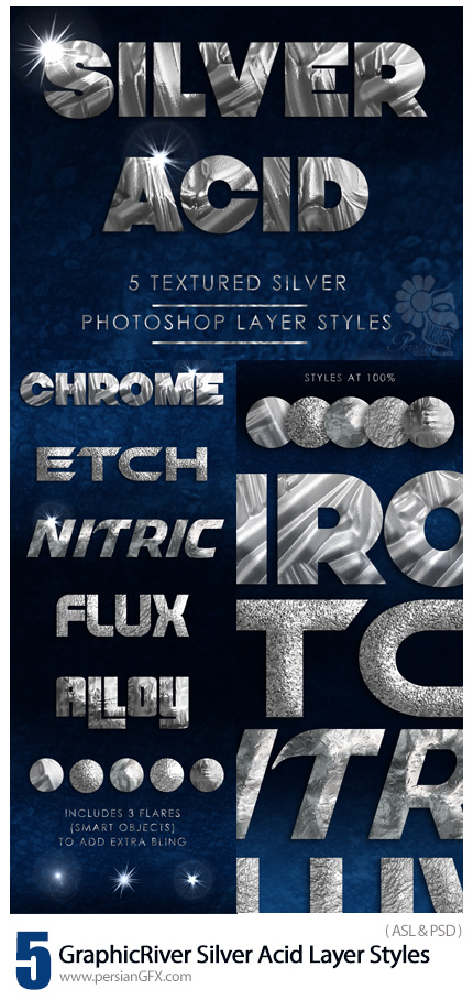 دانلود تصاویر لایه باز استایل با افکت اسید نقره ای از گرافیک ریور - GraphicRiver Silver Acid Layer Styles
