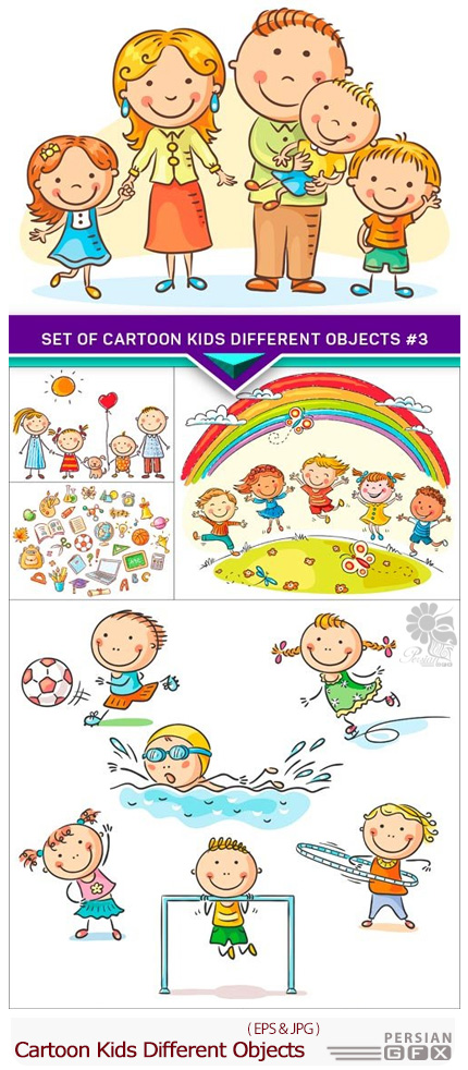 دانلود تصاویر وکتور کودکان کارتونی متنوع - Set Of Cartoon Kids Different Objects