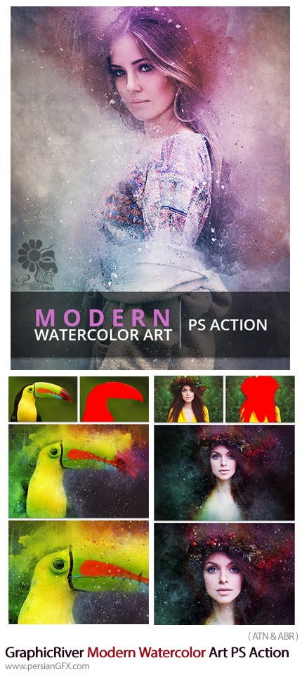 دانلود اکشن فتوشاپ ایجاد افکت هنری آبرنگی بر روی تصاویر از گرافیک ریور - GraphicRiver Modern Watercolor Art PS Action