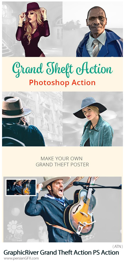 دانلود اکشن فتوشاپ تبدیل تصاویر به عکس بازی کامپیوتری از گرافیک ریور - GraphicRiver Grand Theft Action Photoshop Action