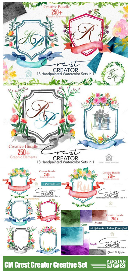 دانلود تصاویر کلیپ آرت عناصر طراحی آبرنگی متنوع فریم، روبان، گل و بوته و تکسچر - CM Crest Creator Creative Bundle Set
