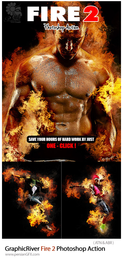 دانلود اکشن فتوشاپ ایجاد افکت شعله آتش بر روی تصاویر از گرافیک ریور - GraphicRiver Fire 2 Photoshop Action