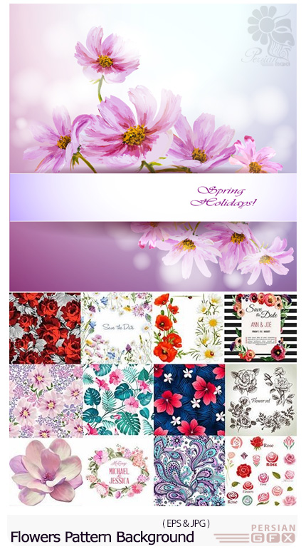 دانلود تصاویر وکتور پس زمینه های گلدار متنوع - Collection Flowers Pattern Background