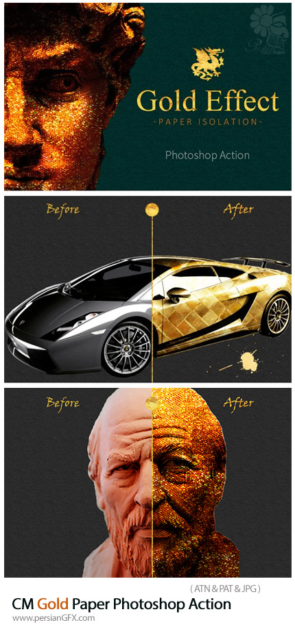 دانلود اکشن فتوشاپ ایجاد افکت بافت طلایی بر روی تصاویر - CM Gold Paper Photoshop Action