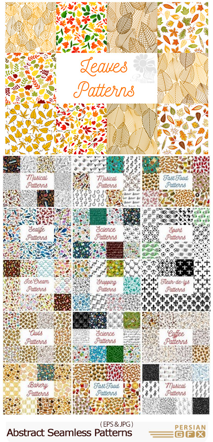 دانلود تصاویر وکتور پترن با بافت های متنوع طبیعت، غذا، اشیاء، گل و ... - Abstract Seamless Patterns With Food Nature Ornaments Objects