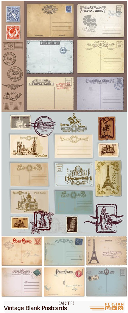 دانلود تصاویر وکتور تمبر و کارت پستال قدیمی - Vectors Vintage Blank Postcards