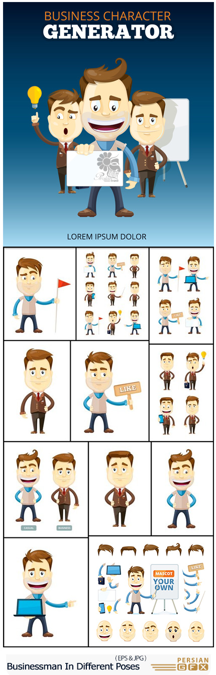 دانلود تصاویر وکتور کاراکتر مرد تاجر در حالات مختلف - Set Of Businessman In Different Poses