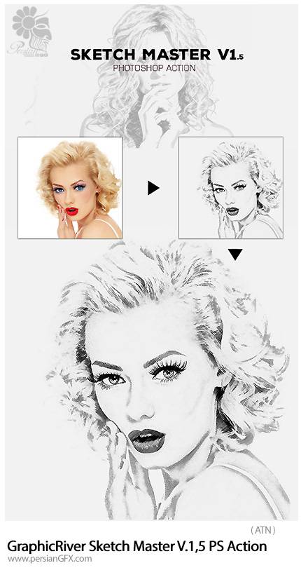 دانلود اکشن فتوشاپ تبدیل تصاویر به طرح اولیه حرفه ای از گرافیک ریور - GraphicRiver Sketch Master V.1,5 Photoshop Action