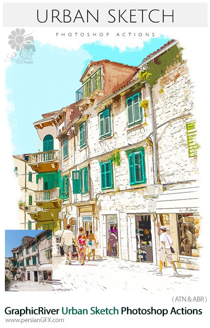دانلود اکشن فتوشاپ ساخت طرح اولیه نقاشی شهر از گرافیک ریور - GraphicRiver Urban Sketch Photoshop Actions