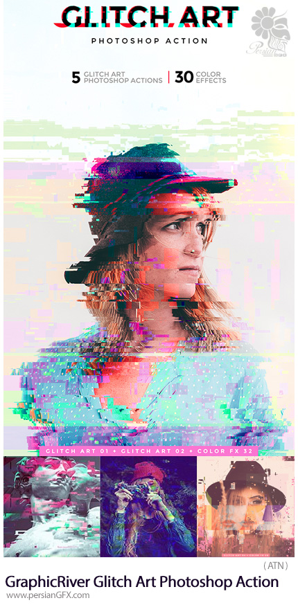دانلود اکشن فتوشاپ تبدیل عکس به فیلم با افکت نویز از گرافیک ریور - GraphicRiver Glitch Art Photoshop Action