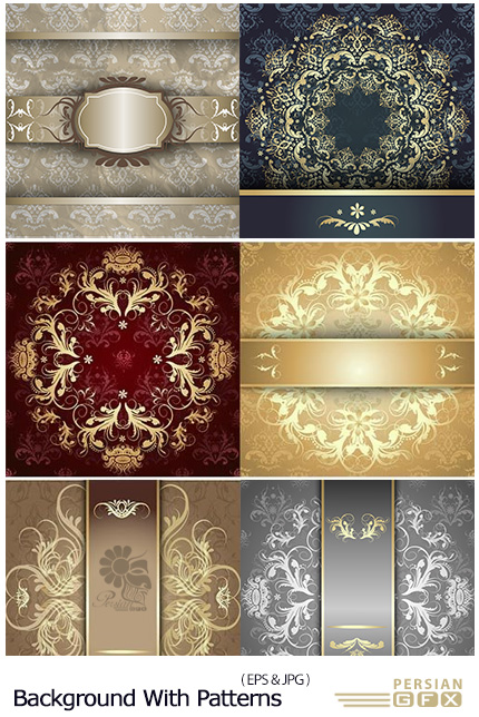 دانلود تصاویر وکتور پس زمینه های تزئینی به همراه فریم - Stock Luxury Background With Golden Patterns
