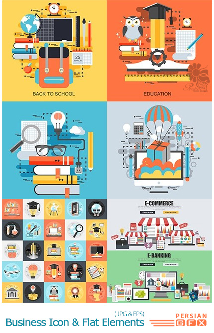 دانلود تصاویر وکتور آیکون های تجاری و عناصر طراحی تخت - Business Icon And Flat Elements Design