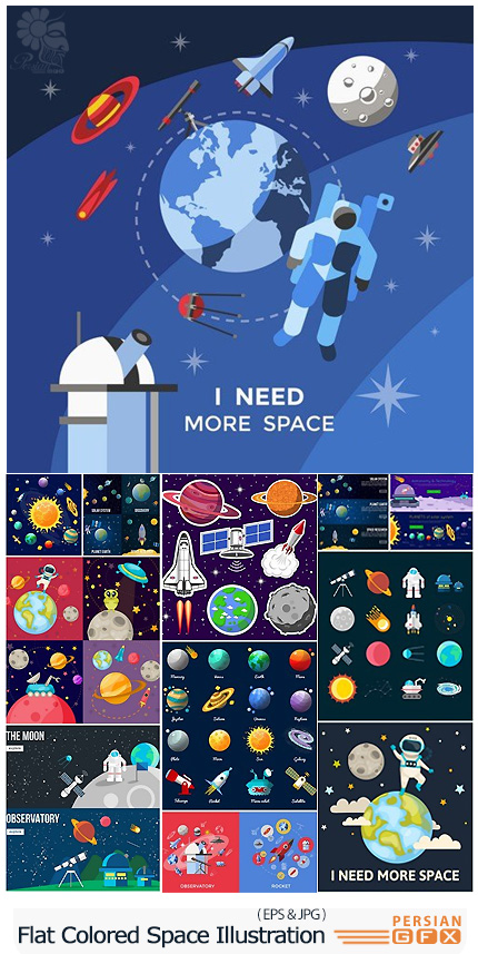 دانلود مجموعه تصاویر وکتور رنگارنگ فضا، سیارات، فضانورد، موشک و ... - Flat Colored Space Illustration