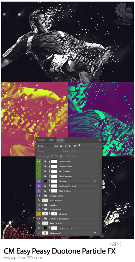 دانلود اکشن فتوشاپ رنگی کردن ذرات عکس - CM Easy Peasy Duotone Particle FX