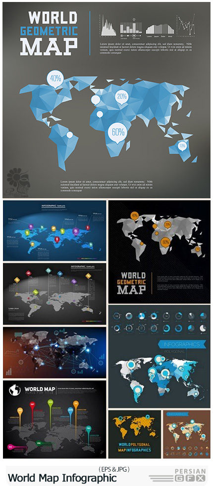 دانلود تصاویر وکتور نمودار اینفوگرافیکی نقشه جهان - World Map Infographic