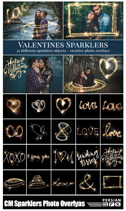 دانلود 25 تصویر کلیپ آرت اشکال و متون درخشان رمانتیک - CM Valentines Sparklers Photo Overlyas
