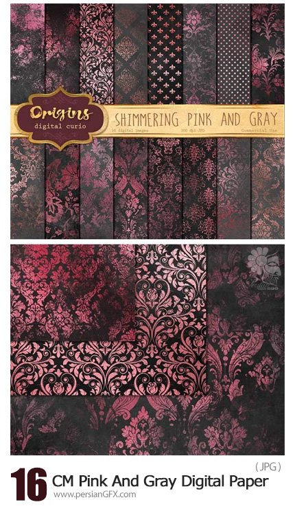 دانلود 16 تصویر تکسچر کاغذی با طرح های گلدار بنفش و خاکستری - CM Pink And Gray Digital Paper