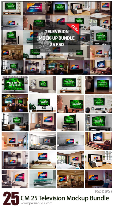 دانلود 25 موکاپ لایه باز مانیتور تلویزیون - CM 25 Television Mockup Bundle