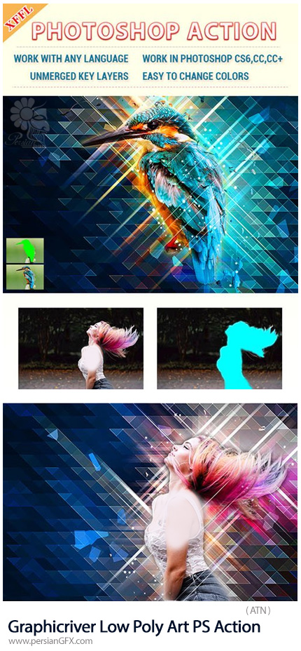 دانلود اکشن فتوشاپ ساخت تصاویر هنری چند ضلعی از گرافیک ریور - Graphicriver Low Poly Art Photoshop Action