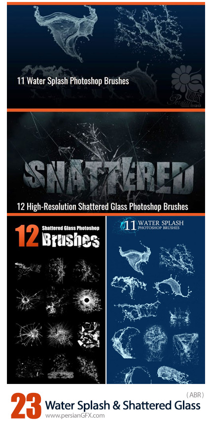 دانلود 23 براش فتوشاپ پاشیدن آب و شیشه شکسته - 23 Water Splash And Shattered Glass Photoshop Brushes