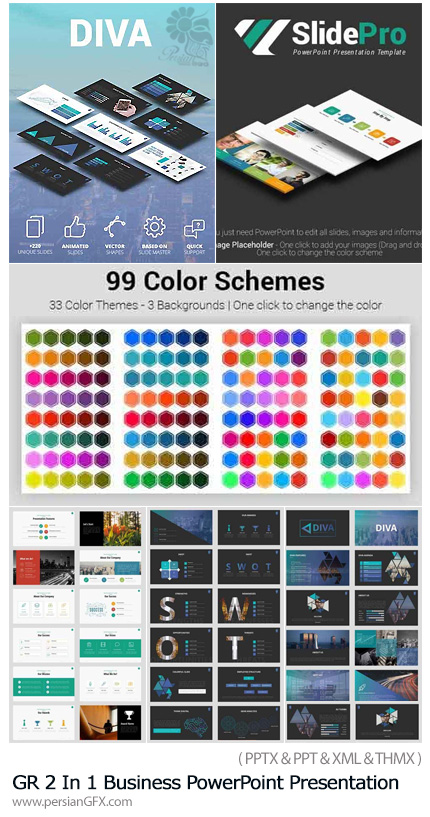 دانلود مجموعه قالب آماده تجاری پاورپوینت از گرافیک ریور - Graphicriver 2 In 1 Business PowerPoint Presentation Bundle