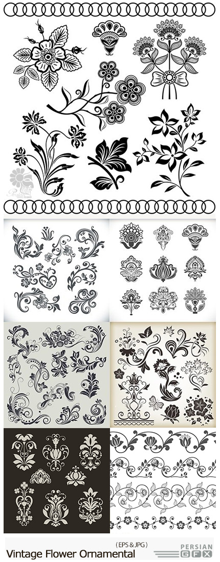 دانلود تصاویر وکتور عناصر تزئینی گلدار، بت و جقه، قاب و حاشیه و ... - Vintage Decorative Flower Ornamental Elegant Design Element
