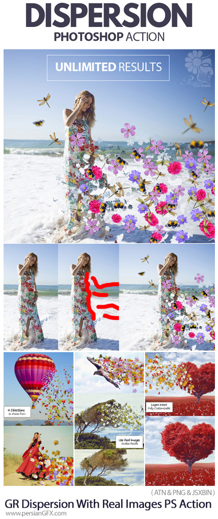 دانلود اکشن فتوشاپ ایجاد افکت پراکندگی گل و بوته بر روی تصاویر از گرافیک ریور - Graphicriver Dispersion With Real Images Photoshop Action