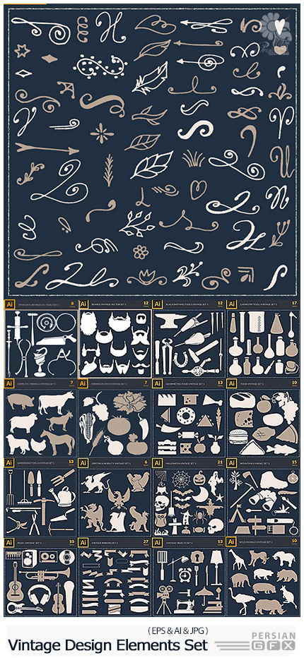 دانلود مجموعه تصاویر وکتور عناصر طراحی متنوع روبان، بت و جقه، پرندگان، حیوانات و ... - Vintage Design Elements Mega Set