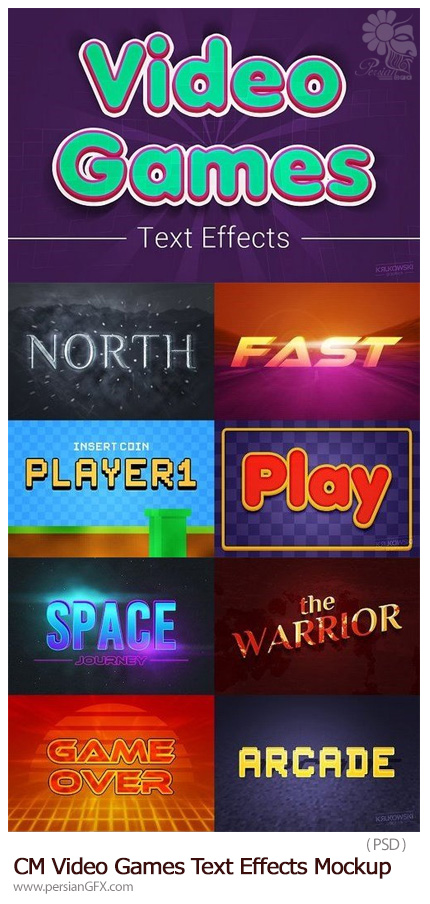 دانلود 10 افکت لایه باز متن بازی های ویدئویی به همراه آموزش ویدئویی - CM Video Games Text Effects Mockup
