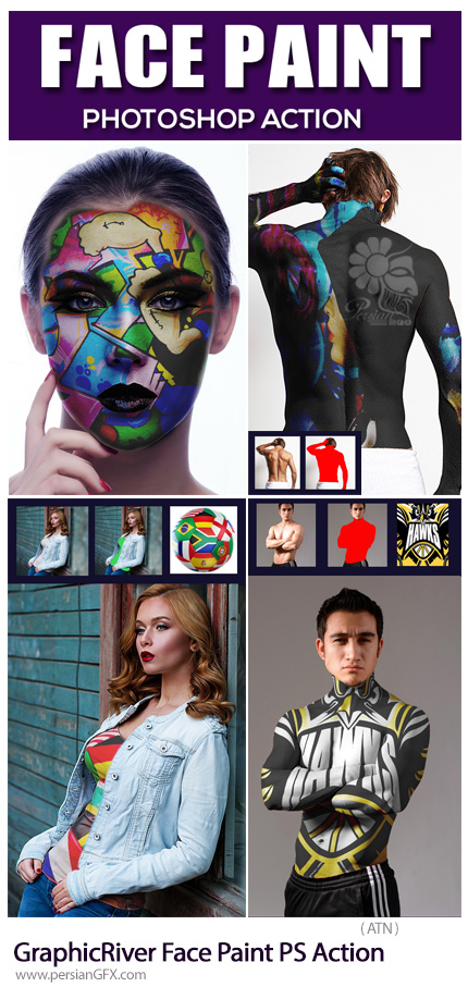 دانلود اکشن فتوشاپ ایجاد افکت نقاشی بر روی صورت و لباس به همراه آموزش ویدئویی از گرافیک ریور - GraphicRiver Face Paint Photoshop Action