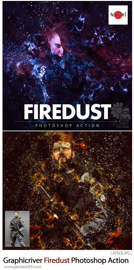 دانلود اکشن فتوشاپ ایجاد افکت گرد و غبار آتشی بر روی تصاویر از گرافیک ریور - Graphicriver Firedust Photoshop Action