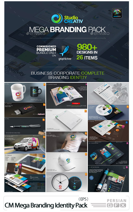 دانلود مجموعه تصاویر وکتور ست اداری، کارت ویزیت، سربرگ، بروشور، ابزار جانبی و ... - Creative Mega Branding Identity Pack